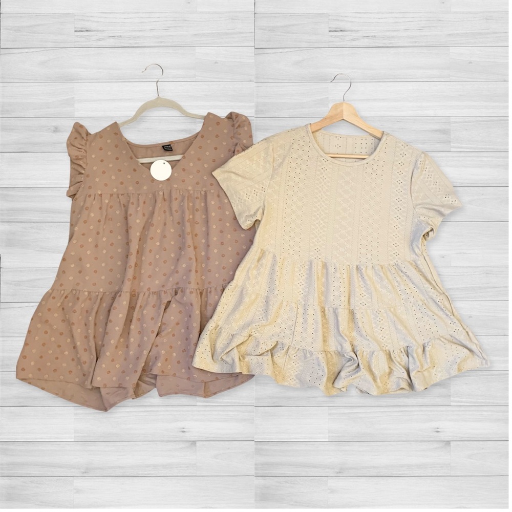 Brown Polka Swiss Dot Ruffle Sleeves Smock & Beige Eyelet Smock Top US Large